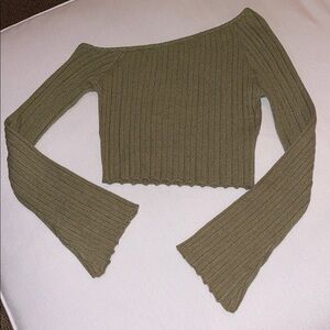 Princess Polly Khaki Ribbed Off-Shoulder Sweater
